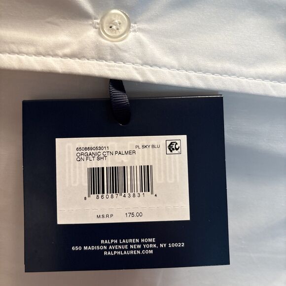 Ralph Lauren Organic Cotton Percale Palmer Queen Flat Sheet $175 White/Sky Blue - Picture 4 of 5